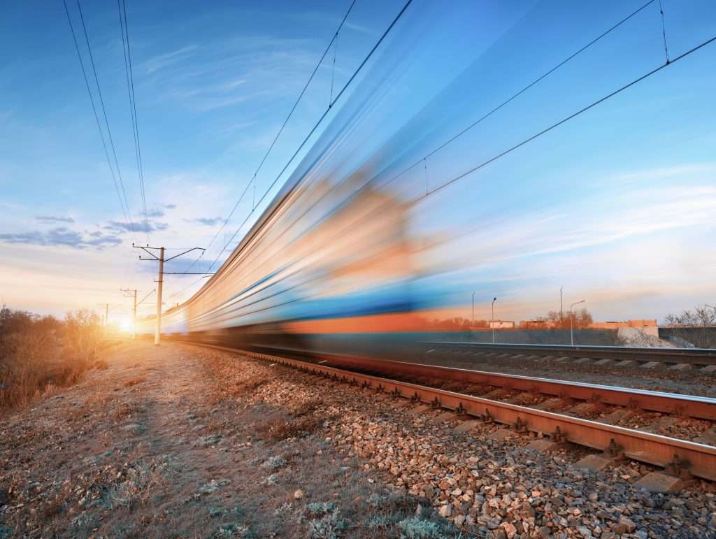 High speed train in motion on railroad track