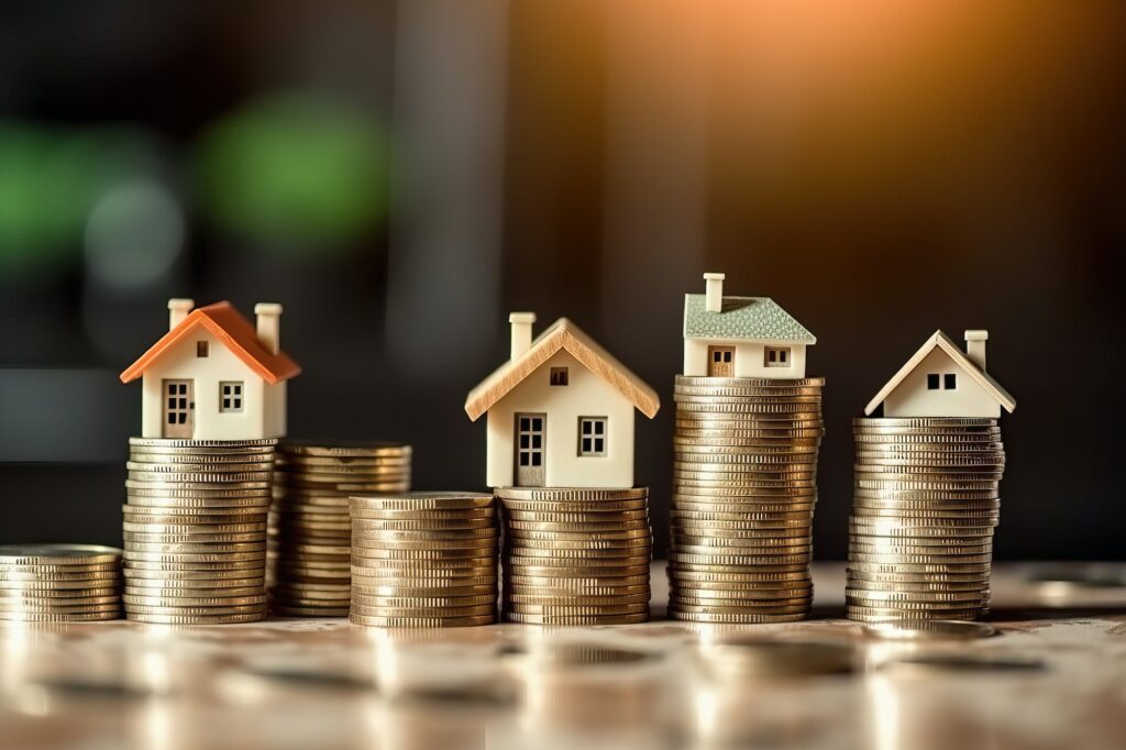Photo of a creative real estate investment idea with coins and miniature houses